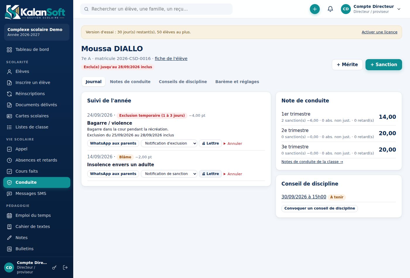 Suivi de la conduite d'un élève