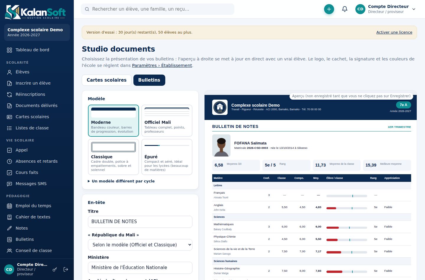 Choix du modèle de bulletin
