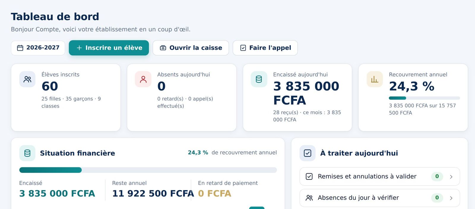 Tableau de bord : encaissements et recouvrement