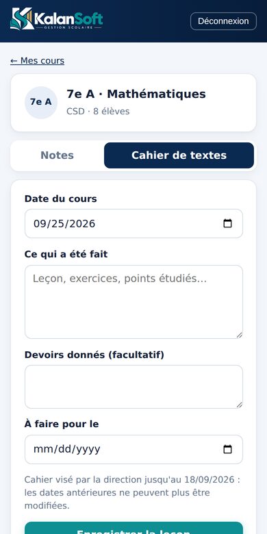 Cahier de textes rempli depuis le téléphone