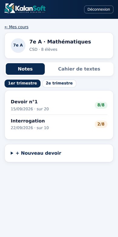 Saisie des notes d'une interrogation