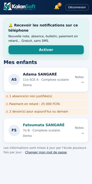Accueil du parent : ses enfants et les alertes