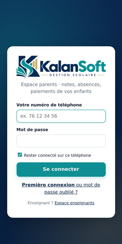 Connexion du parent avec son numéro et son mot de passe