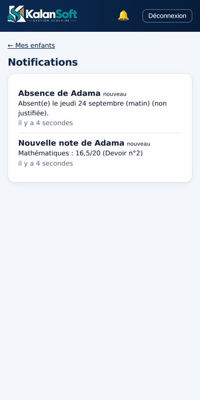 Notifications reçues par le parent